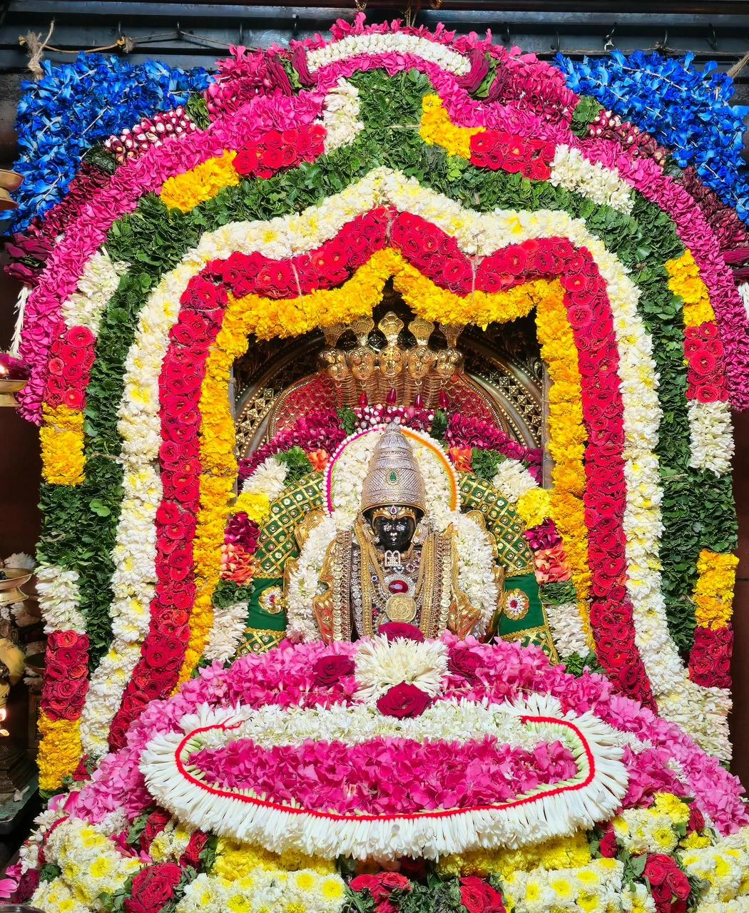 Sri Raja Rajeshwari Ambal adorned with flowers for Navaratri